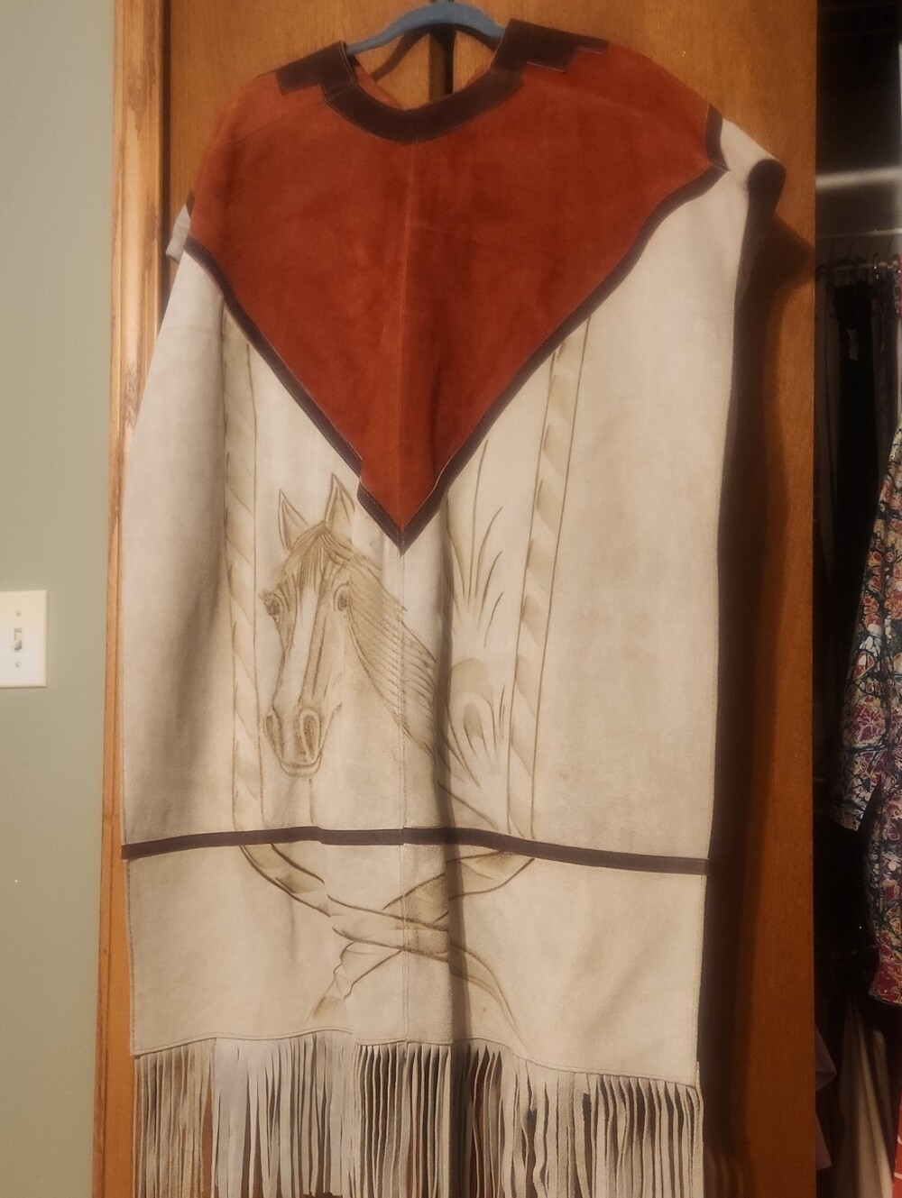 Western-Inspired Cream Suede Fringe Cape with Brown Yoke